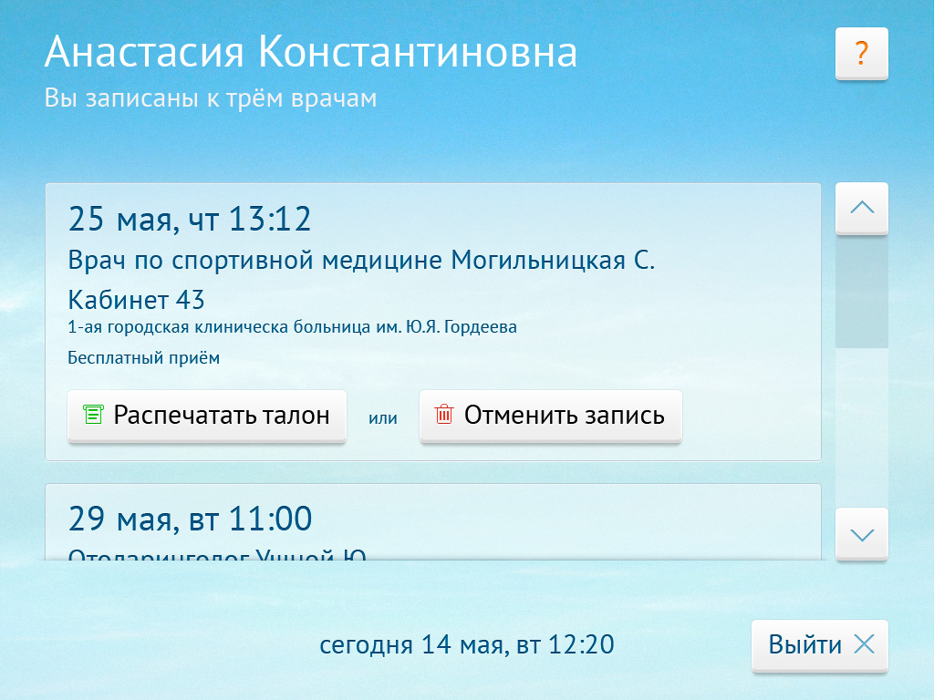 Интерфейс терминала «Электронной регистратуры»